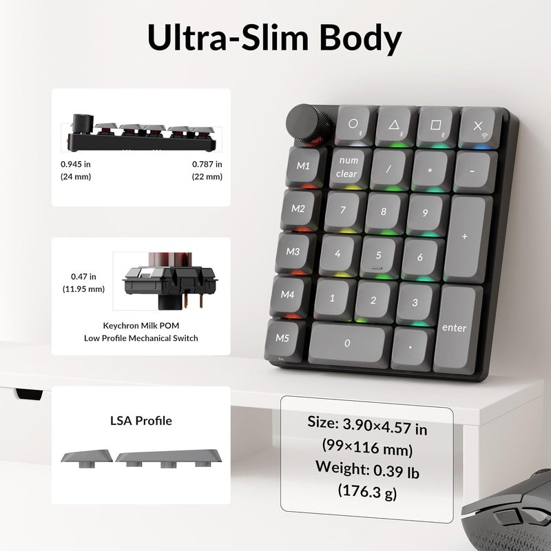 Keychron K0 Max Wireless Low-Profile Number Pad, QMK/VIA Programmable, Hot-Swappable Brown Switch, RGB Backlit, 2.4GHz & Bluetooth 5.3, 1000Hz Polling Rate, with Knob, for Windows/Mac - Image 4